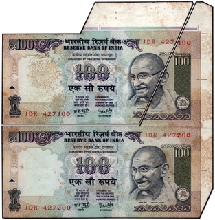 Error One Hundred Rupees Banknotes Signed by Y V Reddy of Republic India.