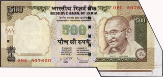 Error Five Hundred Rupees Banknote Signed by D Subbarao of Republic India of 2010.