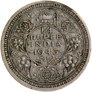 Error Silver Quarter Rupee Coin of King George VI of Bombay Mint of 1943.