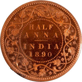 Proof Copper Half Anna Coin of Victoria Empress of Bombay Mint of 1890.