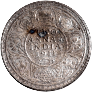 Silver Two Annas Coin of King George V of Calcutta Mint of 1911.