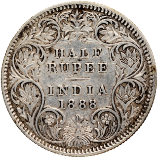 Silver Half Rupee Coin of Victoria Empress of Calcutta Mint of 1888.