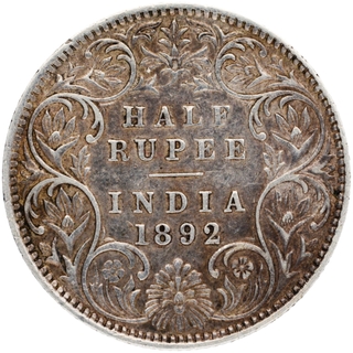 Silver Half Rupee Coin of Victoria Empress of Bombay Mint of 1892.