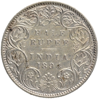 Silver Half Rupee Coin of Victoria Empress of Bombay Mint of 1894.