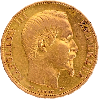 Gold Twenty Francs Coin of Napoleon III of France of 1856.