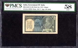 One Rupee Banknote of King George V Signed by J W Kelly of 1935.