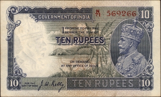 Ten Rupees Banknote of King George V Signed by J W Kelly of 1935.