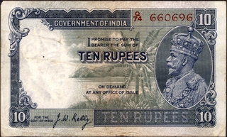 Ten Rupees Banknote of King George V Signed by J W Kelly of 1935.