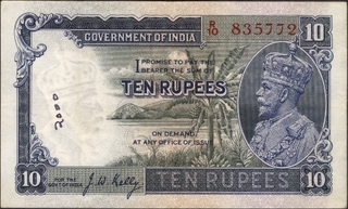 Ten Rupees Banknote of King George V Signed by J W Kelly of 1935.