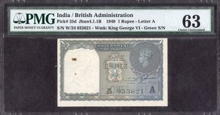 One Rupee Banknote of King George VI Signed by C E Jones of 1944.