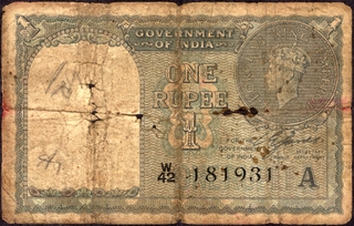 One Rupee Banknote of King George VI Signed by C E Jones of 1944.