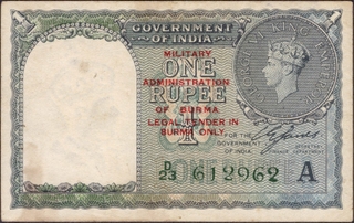 One Rupee Banknote of King George VI Signed by C E Jones of 1945 of Burma Issue.