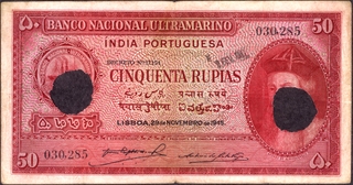 Cancelled Cinquenta Rupias Banknote of Banco Nacional Ultramarino of Indo Portuguese of 1945.