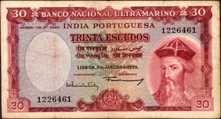 Trinta Escudos Banknote of Banco Nacional Ultramarino of Indo Portuguese of 1959.