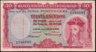 Trinta Escudos Banknote of Banco Nacional Ultramarino of Indo Portuguese of 1959.