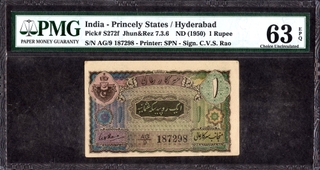 One Rupee Banknote Signed by C V S Rao of Hyderabad State of 1946.