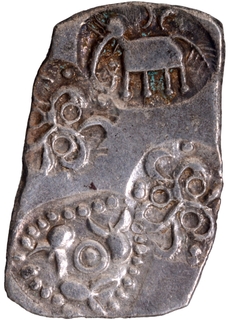 	Unlisted Punch Marked Silver Half Karshapana Coin of Vidarbha Janapada with standing elephant of ABCC type. 	