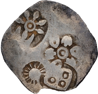 Extremely Rare Punch Marked Silver Vimshatika Coin of Magadha Janapada With Six Armed symbol