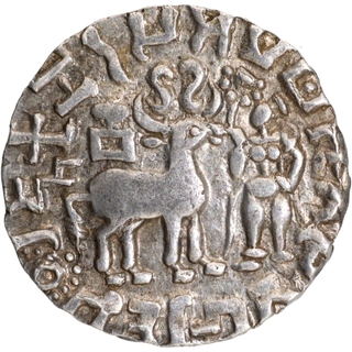 Extremely Rare Silver Drachma Coin of Amoghbuti of Kuninda Dynasty with many symbols in Ten Dotted Sun Behind the Deer.