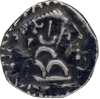 	A Rare Silver Drachma Coin of Nahapana Over struck by Gautamiputra Satakarni of Satavahanas with Brahmi legend Rano Gotami putasa Siri Satakani sa	