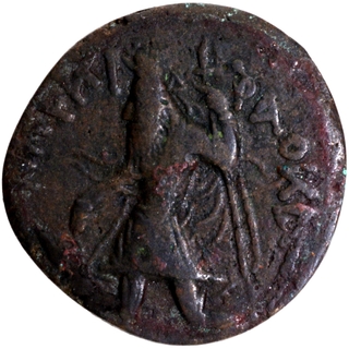 	MIOPO Sun God type Copper Tetradrachma Coin of Kanishka I of Kushan Dynasty with Bactrian legend MIOPO with title of King of Kings Kanishka the Kushan.	