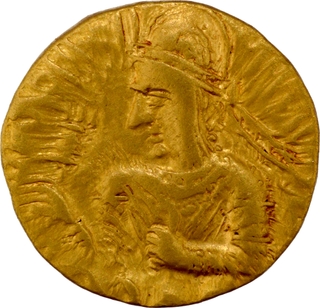 	Very Rare Gold Dinar Coin of Huvishka of Kushan Dynasty of NANA type, King holding Ankush.	