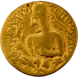 	Gold Dinar Coin of Huvishka of Kushan Dynasty of NANA type with Bactrian legend AONANO AO OO KI KO ANO means King of Kings Huvishka Kushan.	