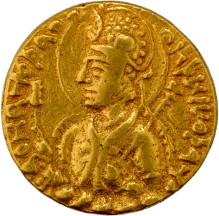 	A Very Rare Ardokhsho type Gold Dinar Coin of Huvishka of Kushan Dynasty with Bactrian legend AONANO KIKO ANO	