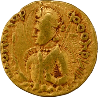 	Extremely Rare Gold Dinar Coin of Huvishka of Kushan Dynasty of Athsho type, King Holding Sword.	