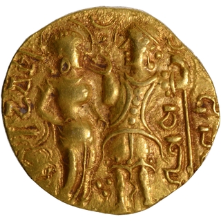 	Extremely Rare King and Queen type UNC Gold Dinar Coin of Samudra Gupta of Gupta Dynasty issued in the memory of his parents Chandragupta I and Kumaradevi	