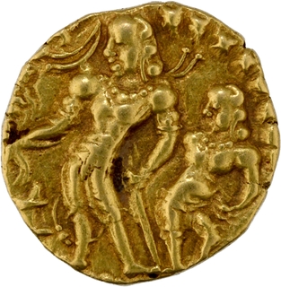 	Extremely Rare Chhatra type Gold Dinar Coin of Chandragupta II Raja Vikramaditya of Gupta Dynasty in Sharp Struck.	