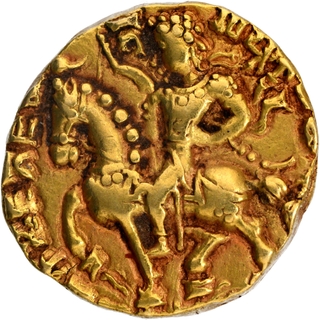 Horseman type Extremely Rare Gold Dinar Coin of Kumaragupta I Raja Mahendraditya of Gupta Dynasty in almost Un Circulated Condition.