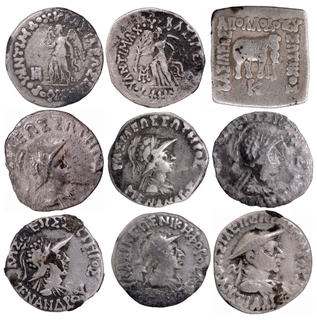 A Lot of 9 Very Rare Silver Drachma Coins of Indo Greeks of Verious Kings in Excellent Conditions.