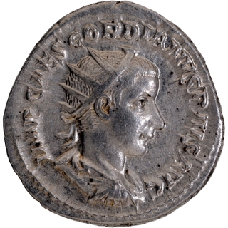 	Silver Denarius Coin of Gordian III of Roman Empire holding a branch in right hand in Exteremely Fine Condition.	