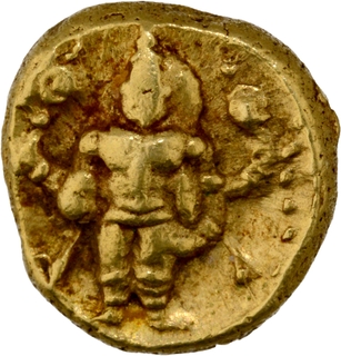 	A Rare Gold Varaha Coin of Venkatapathiraya II of Aravidu Dynasty of Vijayanagara Empire  God Venkateshwara standing under an ornamental Arch.	