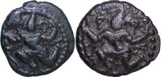 Rare 2 Copper Kasu Coins of Banas of Madurai, stylized Garuda with Tamil Legend  Tamil legend Sama ra ko la ka la n in three lines.