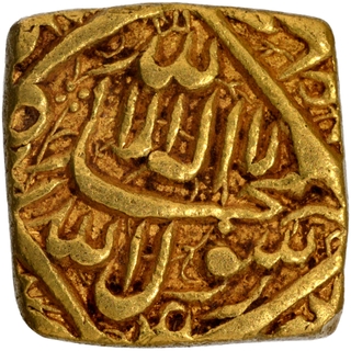 	Extremely Rare Gold Square Heavy Mohur Coin of Akbar of Fathpur Dar ul Saltana Mint in extremely fine condition.	