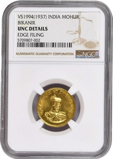 Very Rare NGC graded & slabbed Gold Nazarana Mohur Coin of Ganga Singh of Bikaner in UNC.