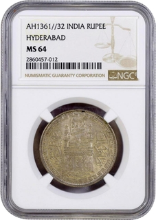 NGC  Graded & slabbed MS64 Silver Rupee Coin with  Persian ain of Usman Ali Khan of Hyderabad State.