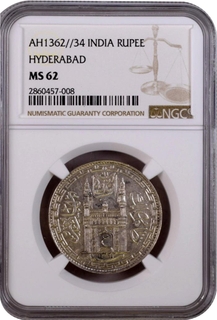 NGC  Graded & slabbed MS62 Silver Rupee Coin with  Persian ain of Usman Ali Khan of Hyderabad State.