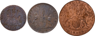 	Set of Three Copper Coins 5, 10 & 20 Cash of Madras Presidency 5, 10 & 20 Cash, 1808 of SOHO Mint.	