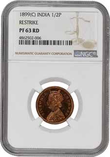 	2nd highest known NGC graded Unlisted
Proof Copper Half Pice Coin of Victoria Empress of Calcutta Mint of 1899.