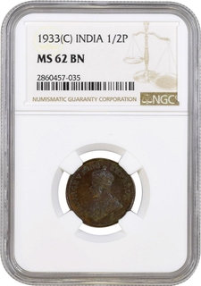 	Only Recorded MS 62 Graded NGC Bronze Rare Half Pice Coin of King George V of Calcutta Mint of 1933.	