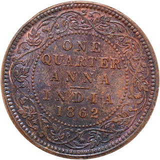 	Rare Copper One Quarter Anna Coin of Victoria Queen of Madras Mint of 1862 in Original toning In un Circulated Condition.	