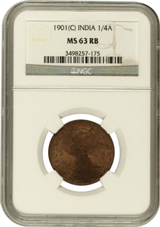 	MS 63 RB NGC Graded Copper One Quarter Anna Coin of Victoria Empress of Calcutta Mint of 1901 in Original toning.	