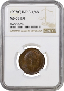 	MS 63 BN NGC Graded Bronze One Quarter Anna Coin of King Edward VII of Calcutta Mint of 1907 with clear ghost impression on both side.	