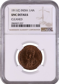 NGC Graded UNC Bronze One Quarter Anna Coin of King George V of Calcutta Mint of 1911 with graded toning.