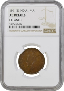 	NGC Graded AU Rare type Bronze One Quarter Anna Coin of King George VI of Bombay Mint of 1941.	