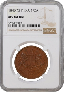 	Extremely Rare MS 64 BN NGC Graded Copper Half Anna Coin of East India Company of Calcutta Mint of 1845.	