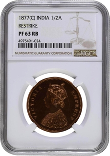 Extremely Rare PF 63 RB NGC Graded Supreb Proof Copper Half Anna Coin of Victoria Empress of Bombay Mint of 1877, incorrect min mentioned by NGC.